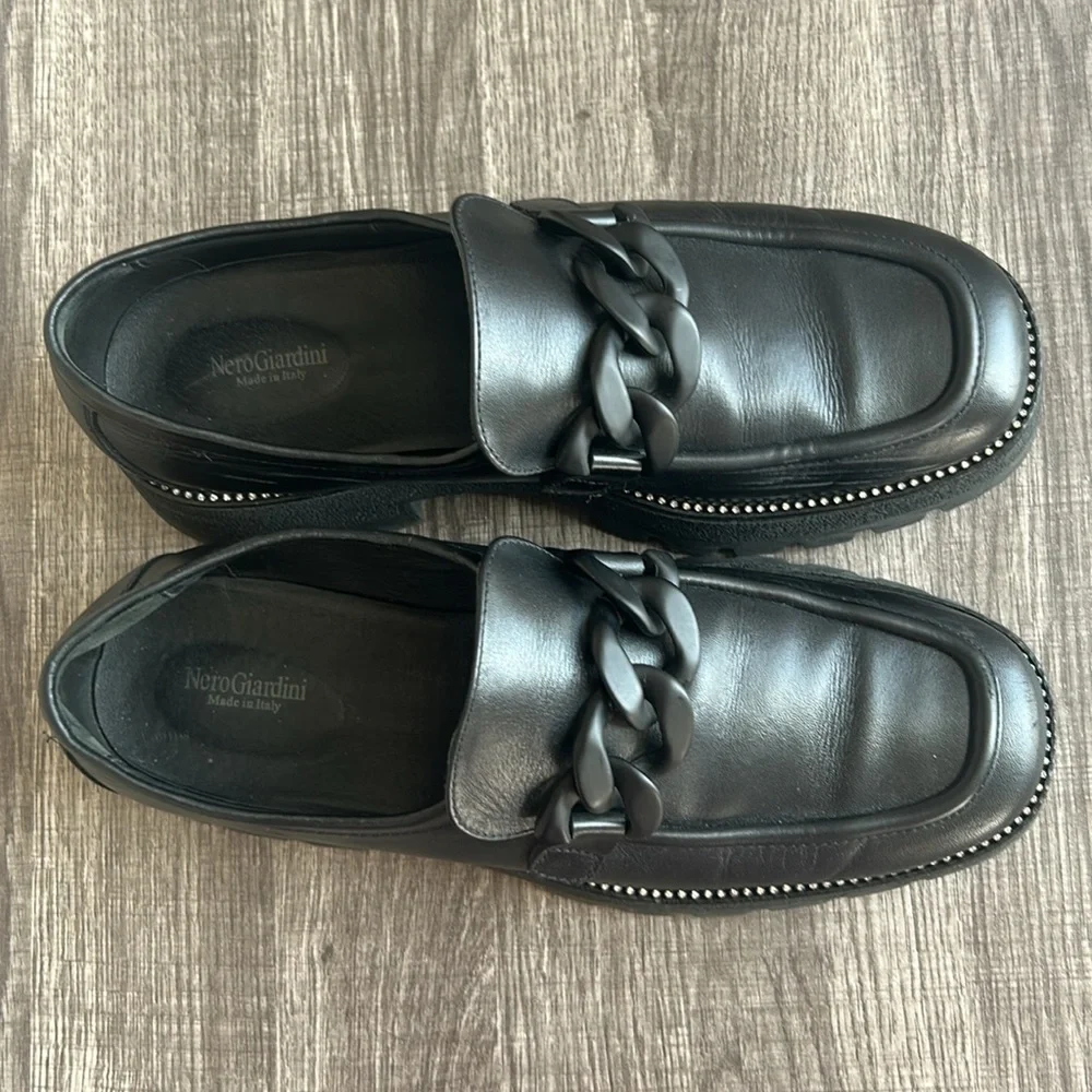 Nero Giardini Black Leather Chunky Loafers Chain‎ Rhinestones Platform Glam